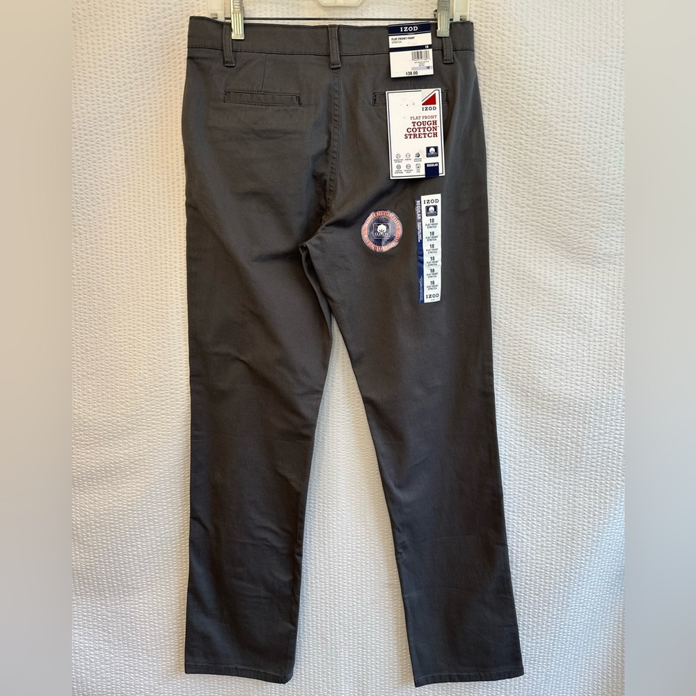 IZOD Gray Chino Dress Pants Boys Size 18 Regular Stretch Flat Front NWT School - Picture 2 of 9